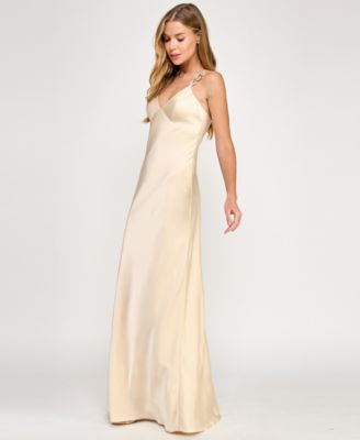 Juniors' Satin Chain-Trim Long Dress