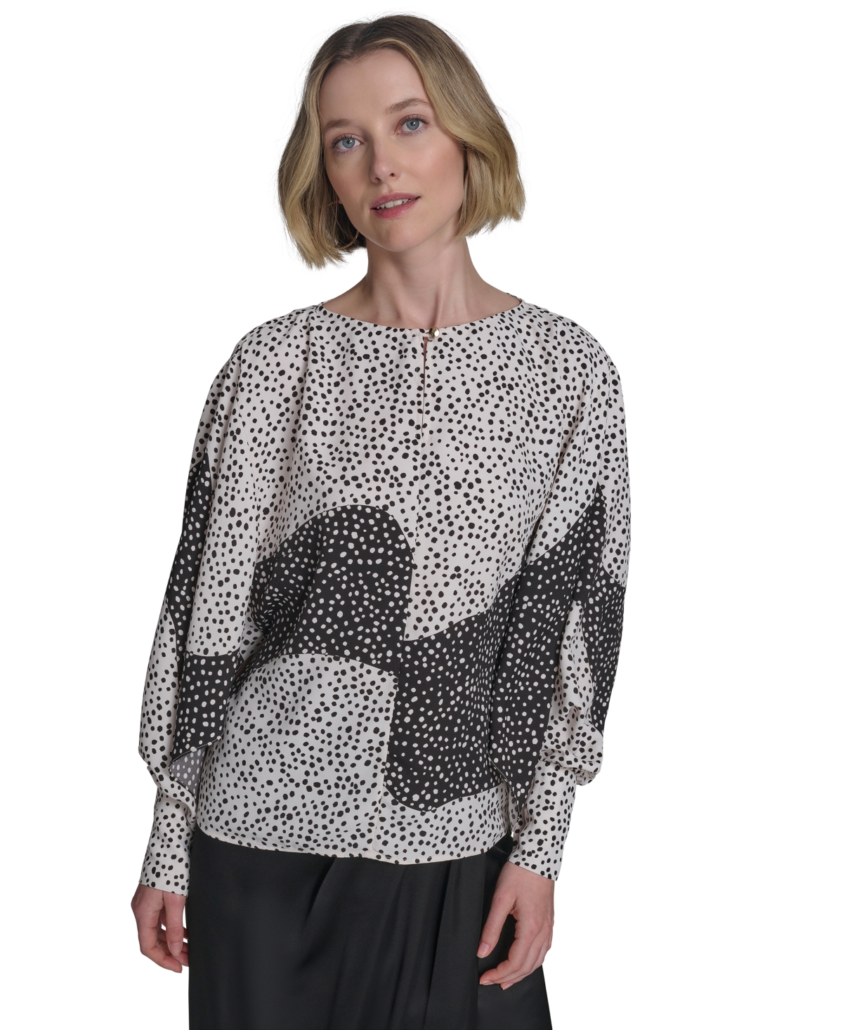 HALSTON WOMEN'S PRINTED BOAT-NECK BLOUSON-SLEEVE TOP 