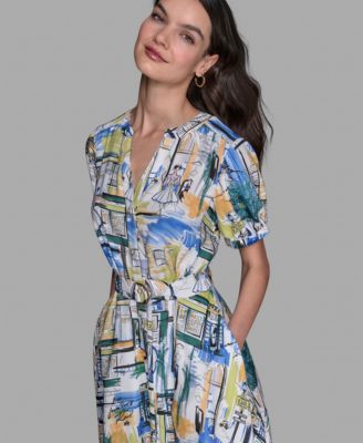 Women's Paris-scene Print Belted High-low Shirtdress With V-neckline