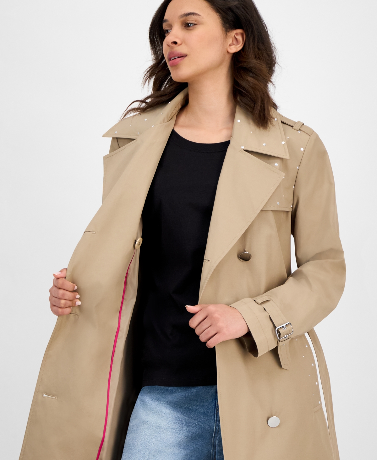 Cece Women's Double-breasted Studded Belted Trench Coat In Brown
