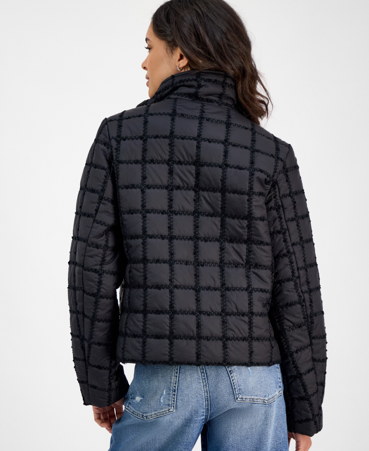 Cece Women's Short Boucle Windowpane Quilted Coat In Black