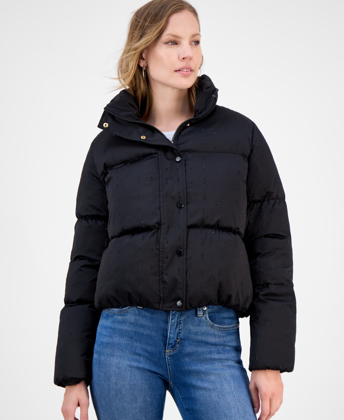 Cece Women's Embellished Stand-collar Puffer Jacket In Black