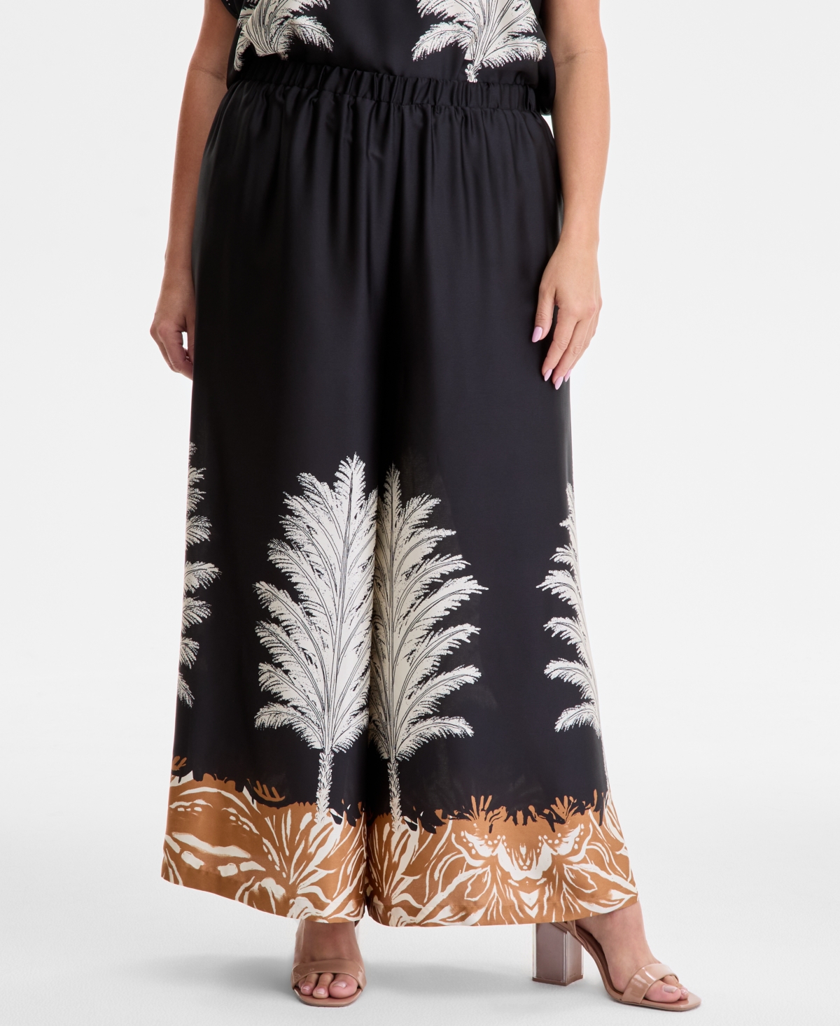 Vince Camuto June Hero Look Plus Size Placed Print Boat Neck Caftan Blouse Printed Pull On Wide Leg Pants In Black