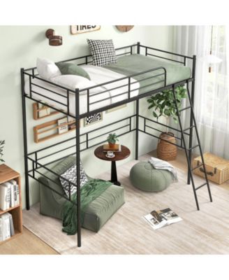 Twin Size Loft Bed Metal Bed Frame with Ladder and Guardrails