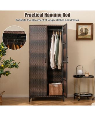 PE Rattan Wicker Wardrobe with 2 Doors and Hanging Rod – Elegant Storage Cabinet for Bedroom or Closet