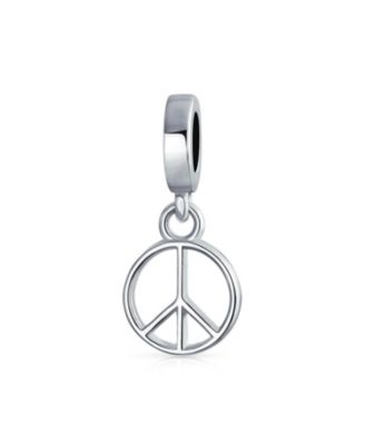 Set of 2 Inspirational World Peace Sign & Dove Dangle Charm Bead Sterling Silver