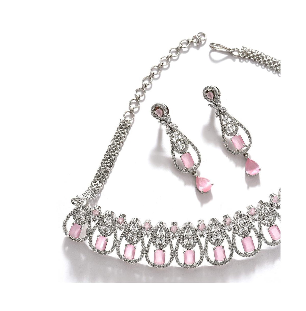 Sohi Women's Silver Plated Designer Jewellery Set In Pink