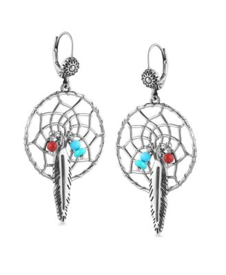 Sterling Silver Kingman Turquoise and Red Coral Dreamcatcher Feather Dangle Earrings