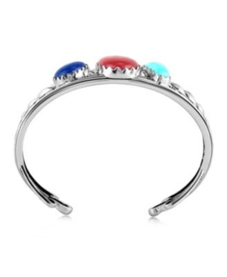 Sterling Silver Red Onyx, Amazonite and Lapis 3 Row Twist Cuff, Sizes Large