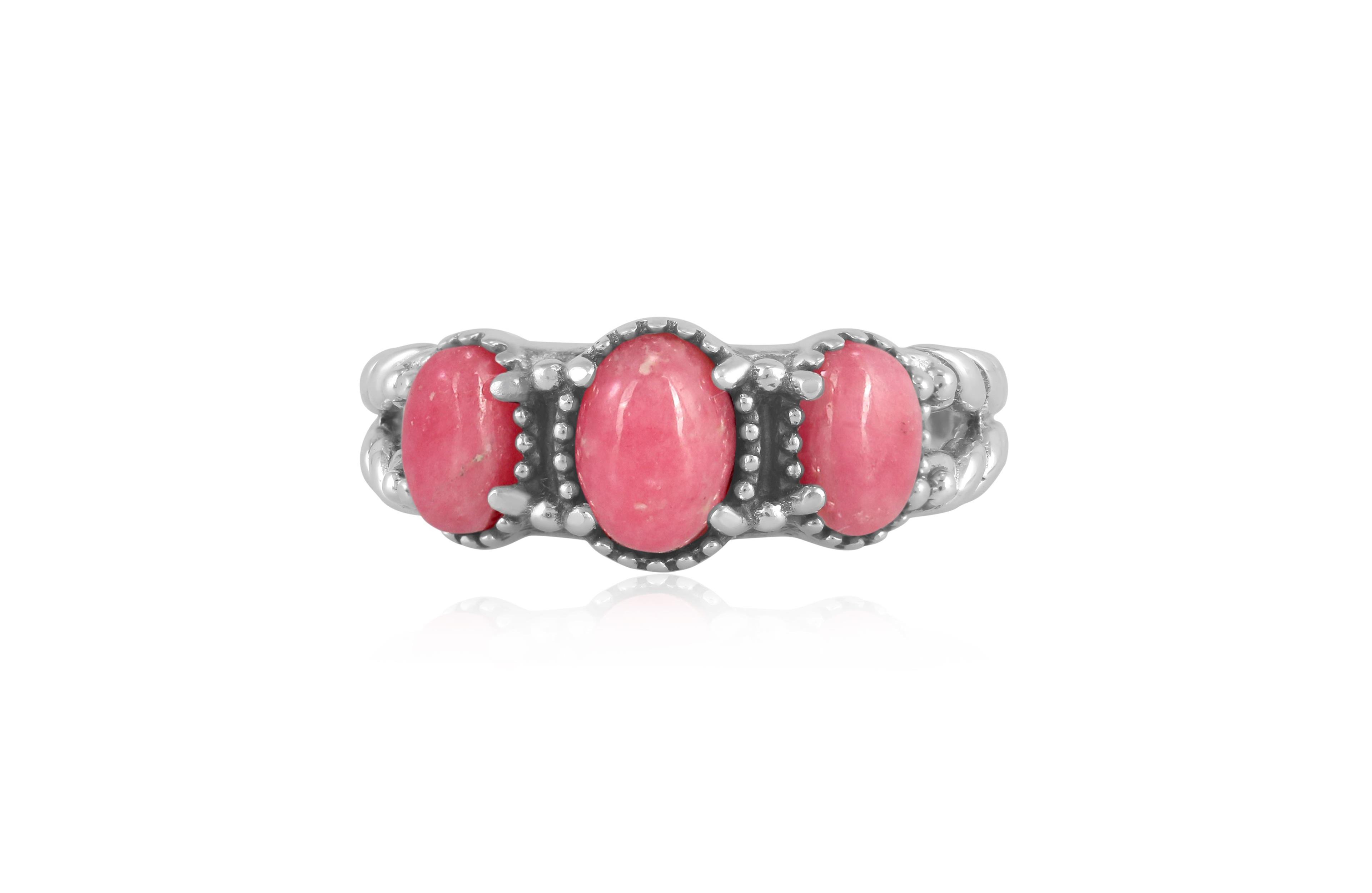 Sterling Silver Rhodonite 3-Stone Ring, Size 9