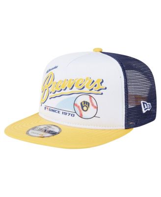 New Era - Men's White/Gold Milwaukee Brewers Retro Script Trucker 9FIFTY Snapback Hat