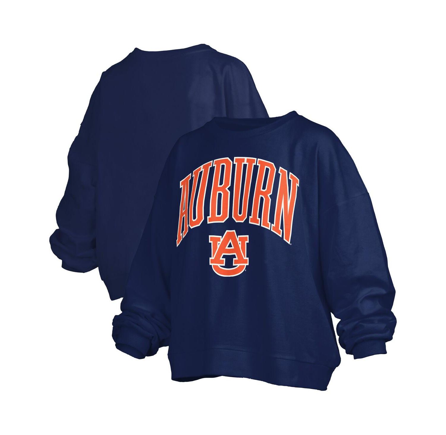 Women's Navy Auburn Tigers Janise Arch Over Logo Waist Length Oversized Pullover Sweatshirt