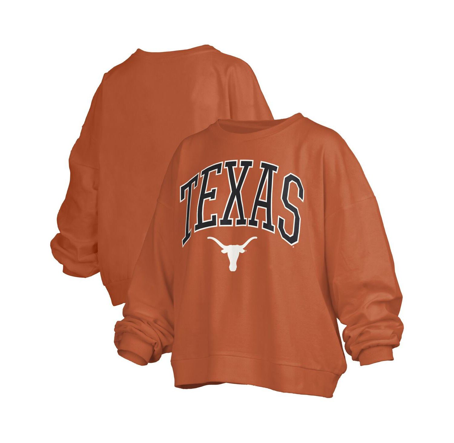 Women's Texas Orange Texas Longhorns Janise Arch Over Logo Waist Length Oversized Pullover Sweatshirt