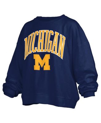 Women's Navy Michigan Wolverines Janise Arch Over Logo Waist Length Oversized Pullover Sweatshirt