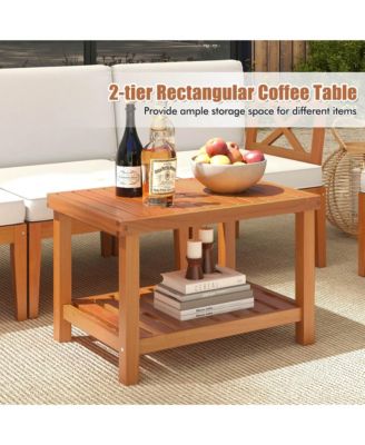 5 PCS Acacia Wood Patio Furniture Set with Cushions and 2-Tier Coffee Table