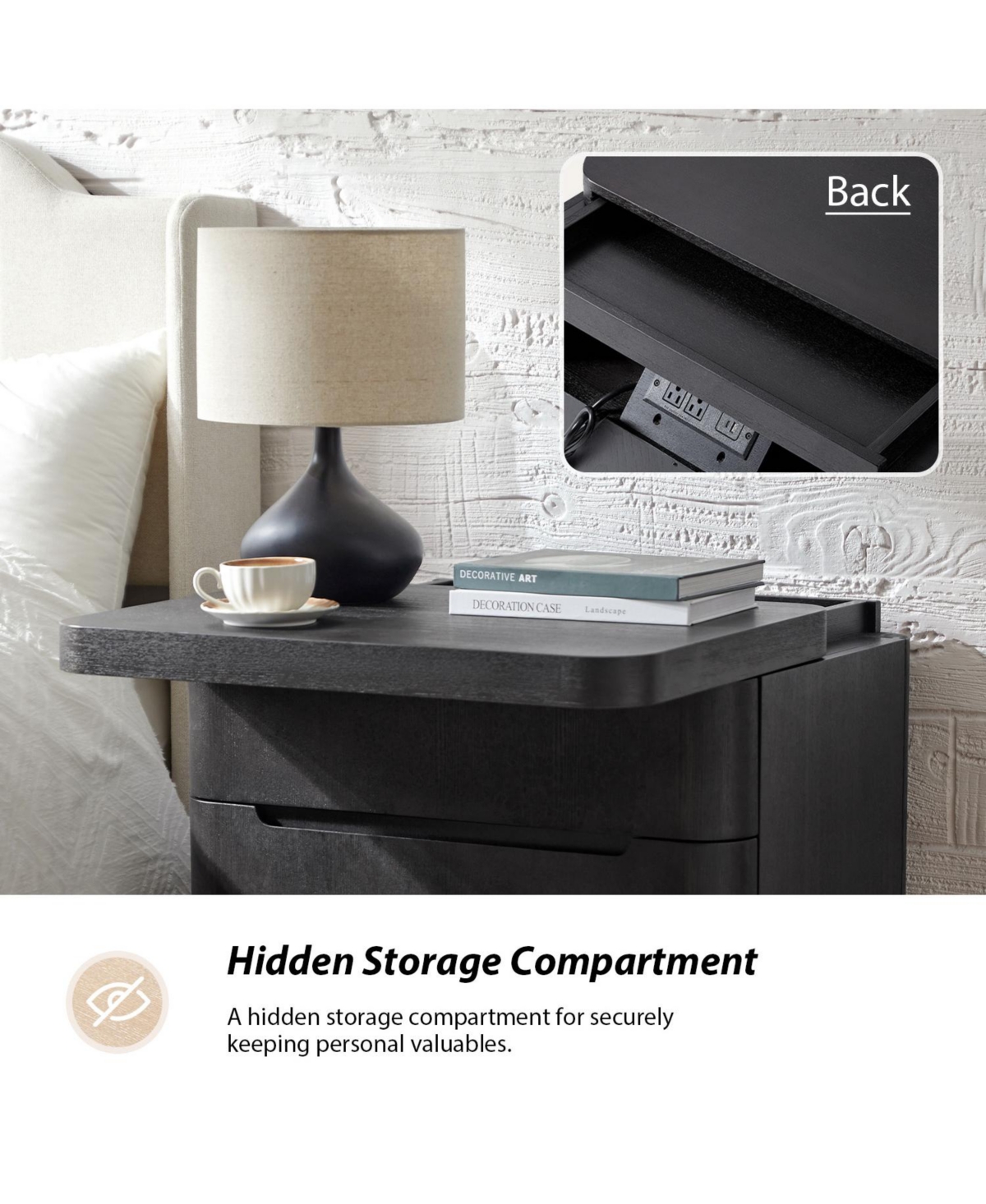 Modern Patrick 3-Drawer Nightstand with Built-In Power Outlet and Hidden Storage Compartment