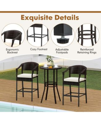 3 Pc Wicker Tempered Glass Patio Bar Set with Armchairs & Round Table