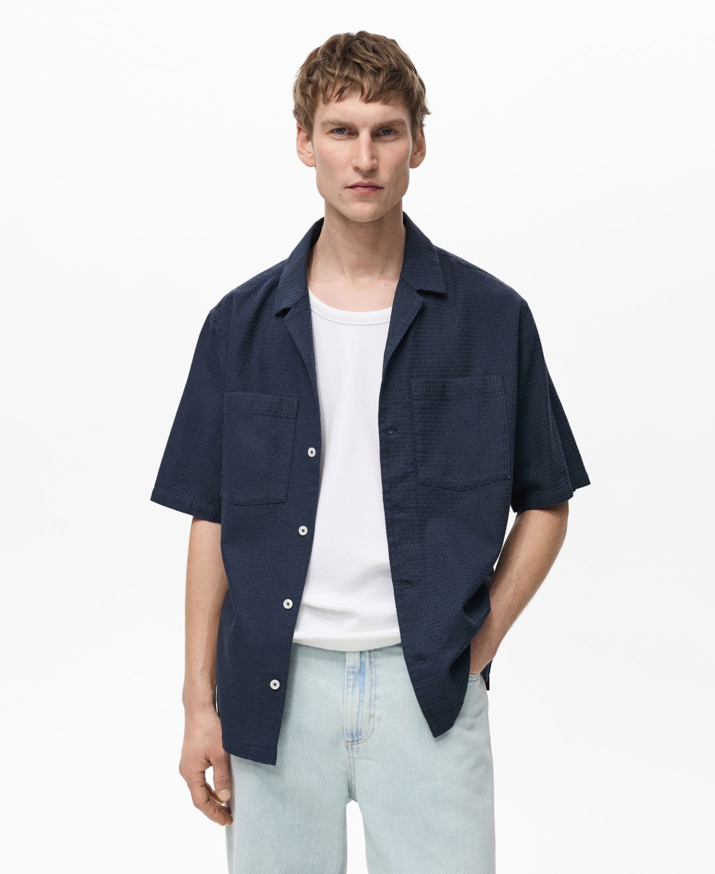 Мужская рубашка Mango Cotton Check Seersucker, цвет: Тёмный тёмно-синий — фото 1