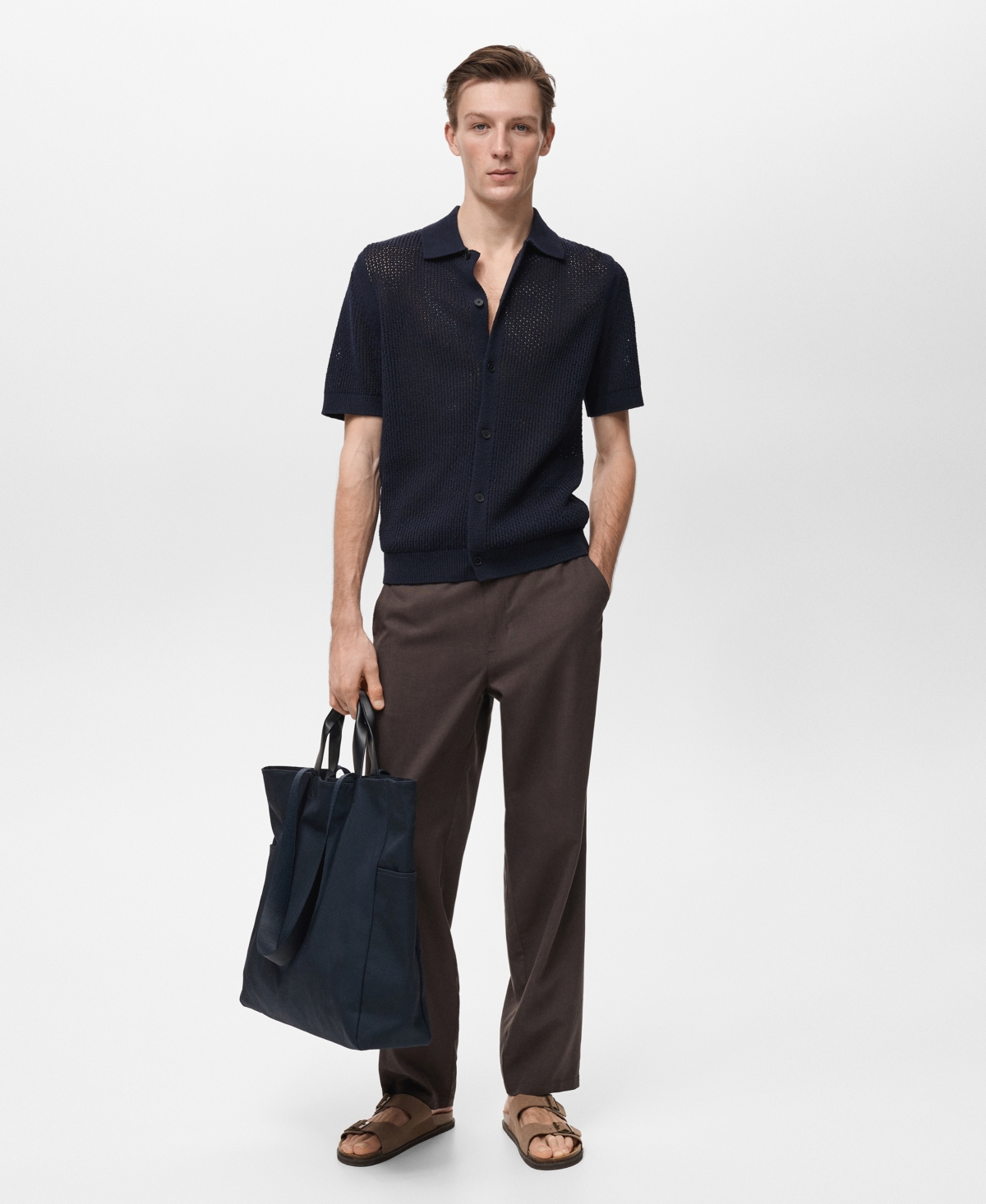 Men's Openwork Knit Cotton Shirt - Dark Navy