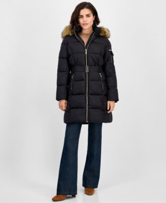 Women's Belted Hooded Faux-Fur-Trim Puffer Coat