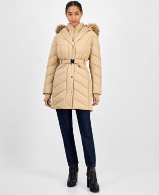 Michael Kors - Women's Faux-Fur-Trim Hooded Belted Puffer Coat