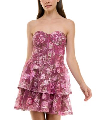 Trixxi - Juniors' Printed Strapless Embroidered Tiered Dress