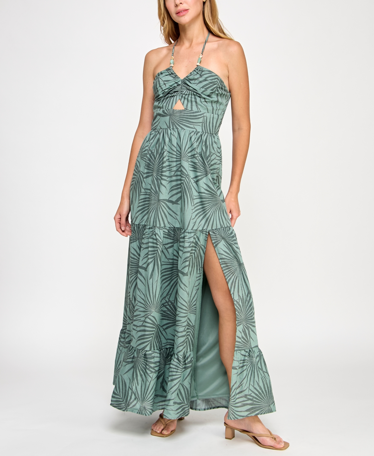 Juniors' Printed Cotton Tiered Halter Maxi Dress - Green