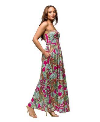 Women's Pink Paisley A Line Strapless Maxi Dress with Pockets