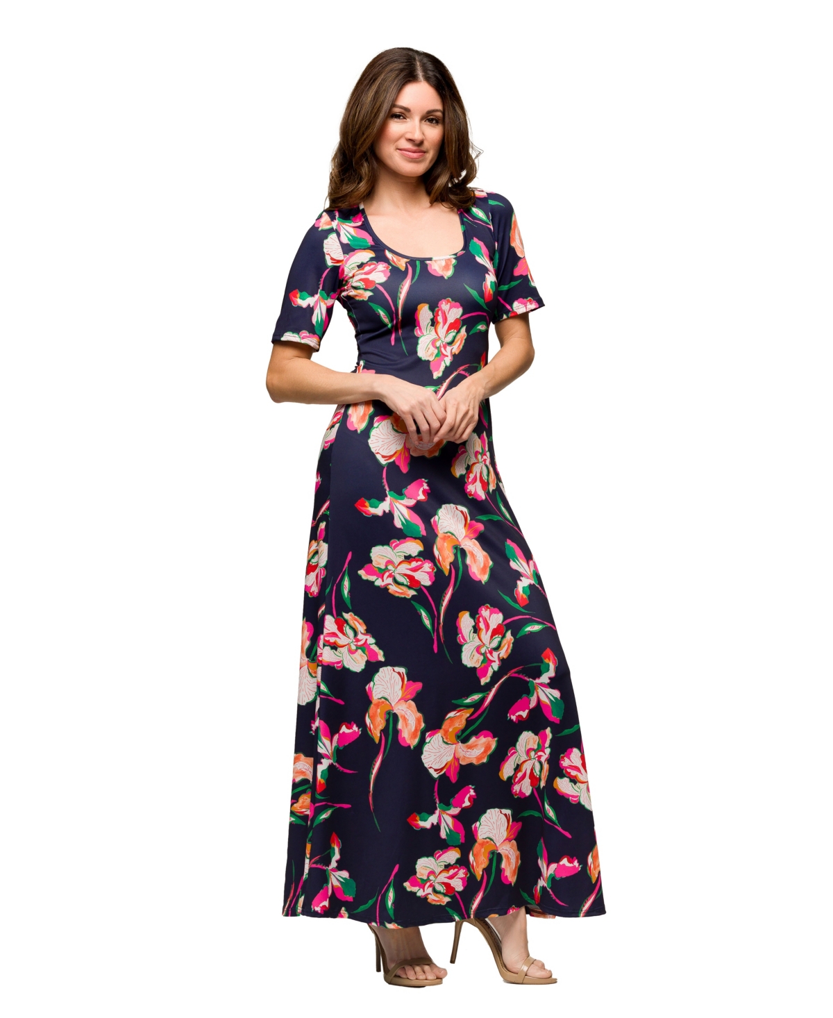 24seven Comfort Apparel Maternity Navy Floral Print Elbow Sleeve Casual A-line Maxi Dress In Black