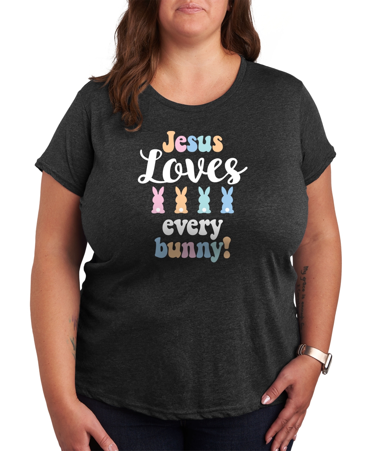 Hybrid Apparel Plus Size Jesus Loves Every Bunny Easter Graphic Crew Neck T-shirt In Gray