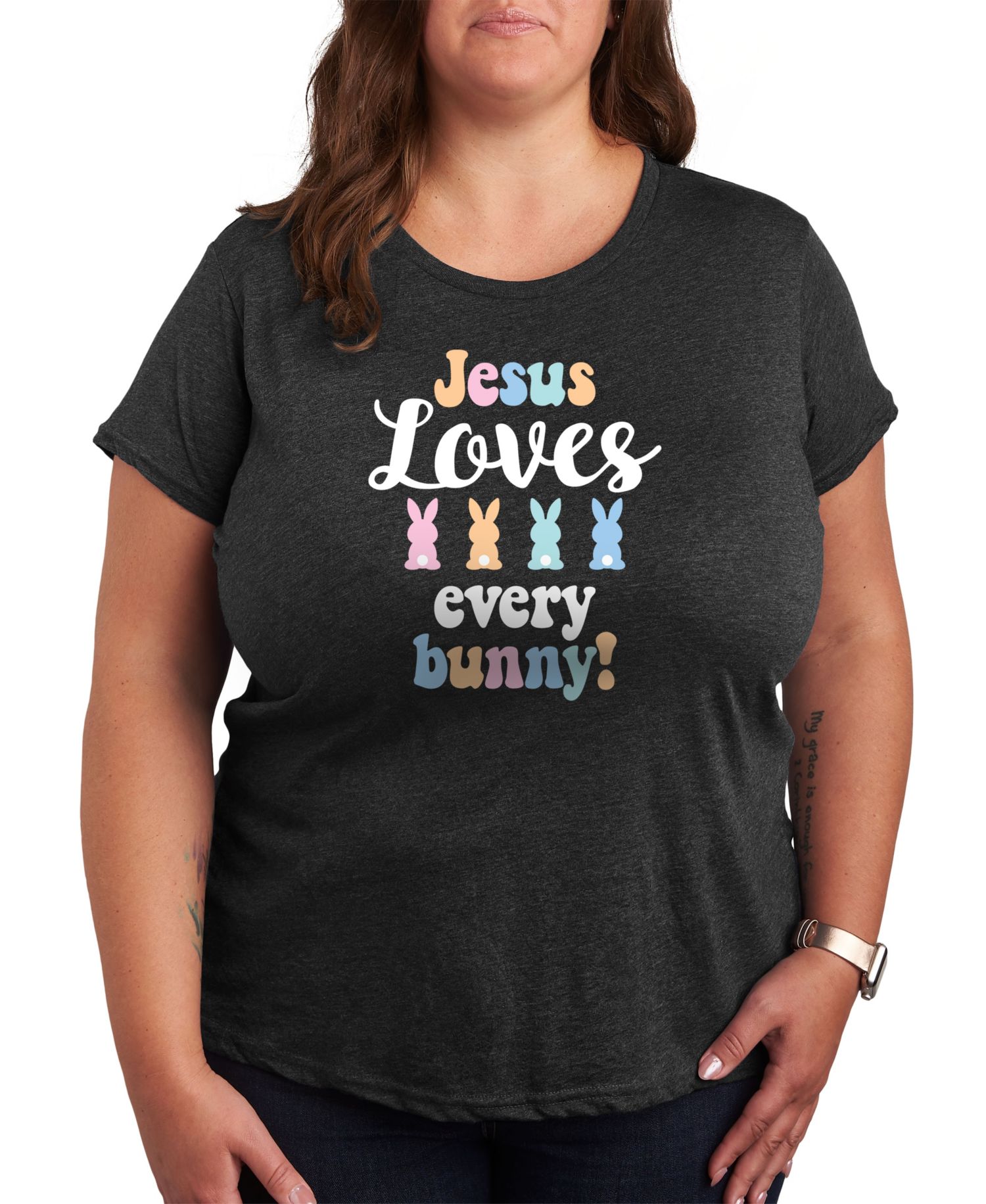 Plus Size Jesus Loves Every Bunny Easter Graphic Crew Neck T-Shirt
