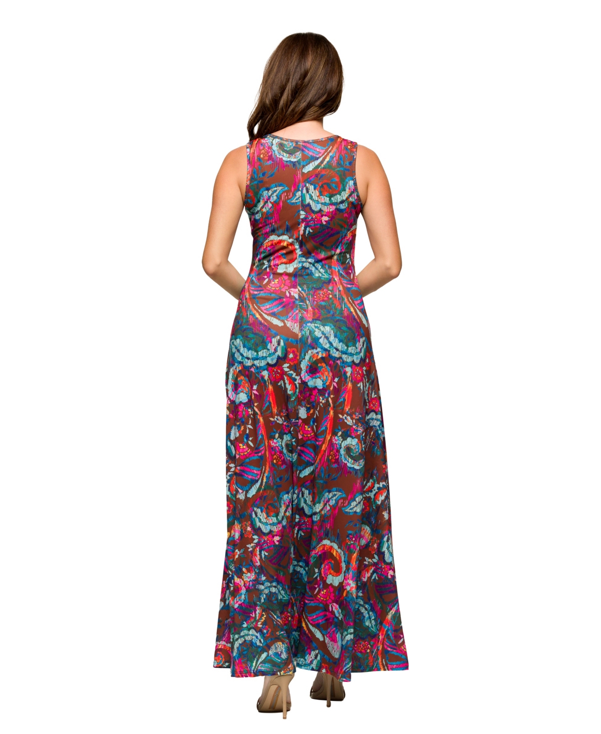 Shop 24seven Comfort Apparel Women's Pink And Brown Print Scoop Neck A Line Sleeveless Maxi Dress In Brown Mult