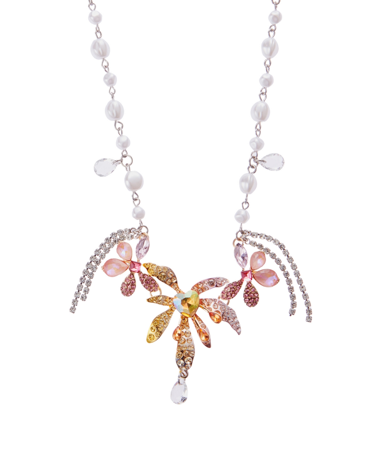 Betsey Johnson Faux Stone Garden Glam Floral Cultivated Pearl Bib Necklace In Pearl,rhodium