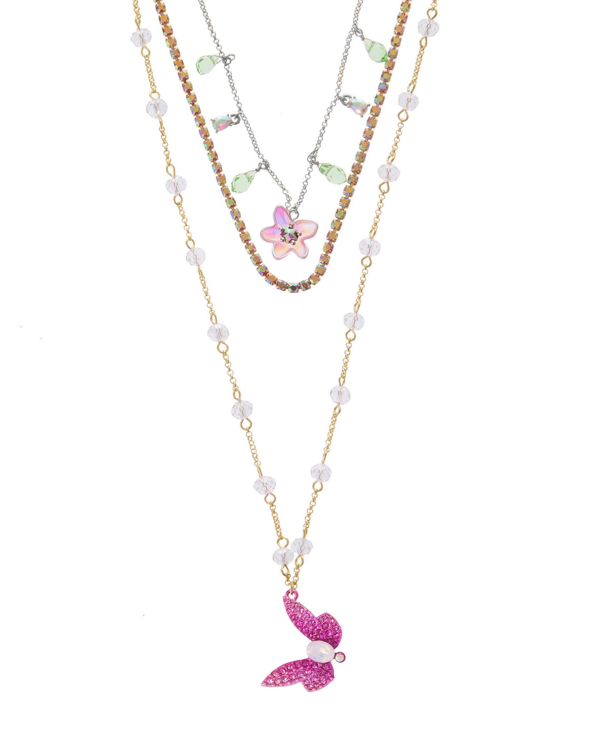 Betsey Johnson Faux Stone Garden Glam Dragonfly Layered Necklace In Pink,gold