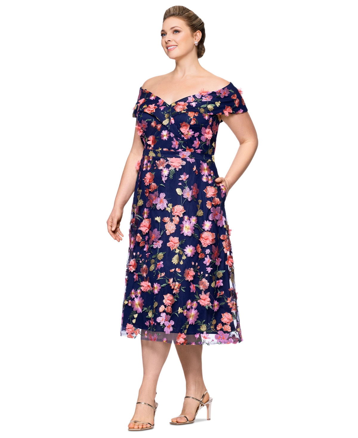 Xscape Plus Size 3d-floral Embroidered Off-the-shoulder Dress In Multi