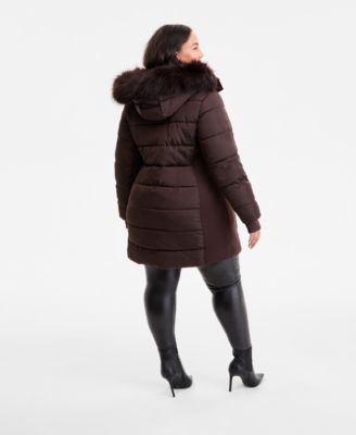 Plus Size Faux-Fur-Trim Hooded Puffer Coat, Exclusively at Macy's