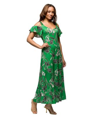 Women's Green Floral Cold Sholder Ruffle Sleeve A Line Maxi Dress
