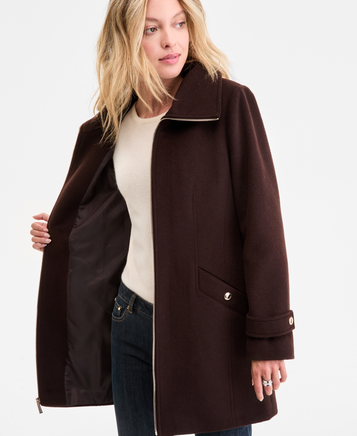 Michael Kors Michael  Women's Collared Zip-front Coat In Brown