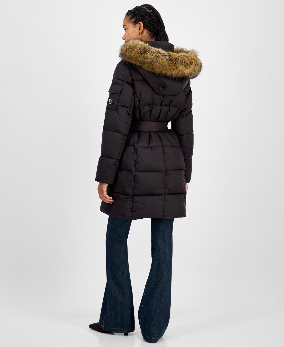 Michael Kors Michael  Women's Belted Hooded Faux-fur-trim Puffer Coat, Exclusively At Macy's In Black