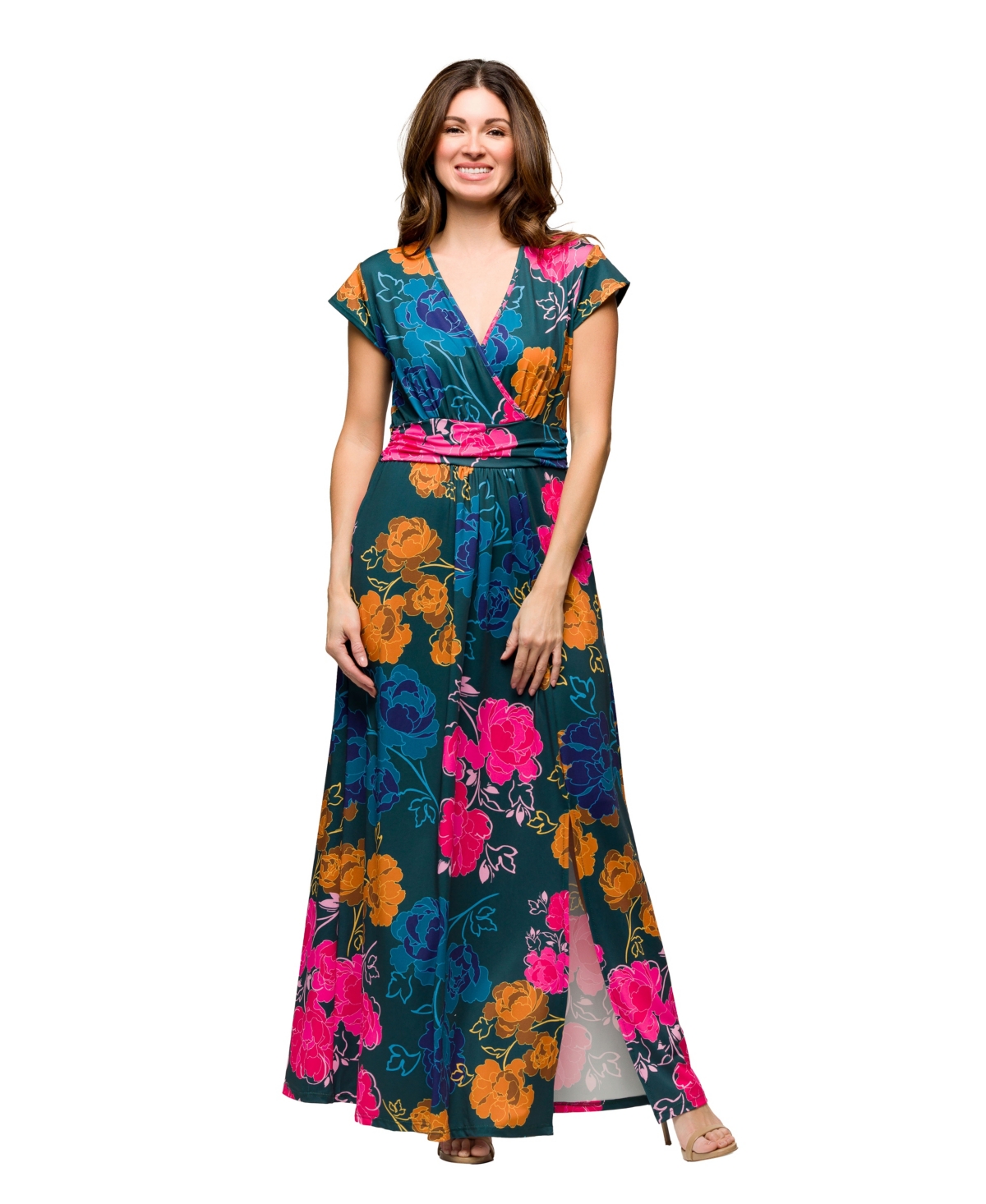 24seven Comfort Apparel Maternity Floral Print Cap Sleeve V-neck Side Slit Pocket Maxi Dress In Multi