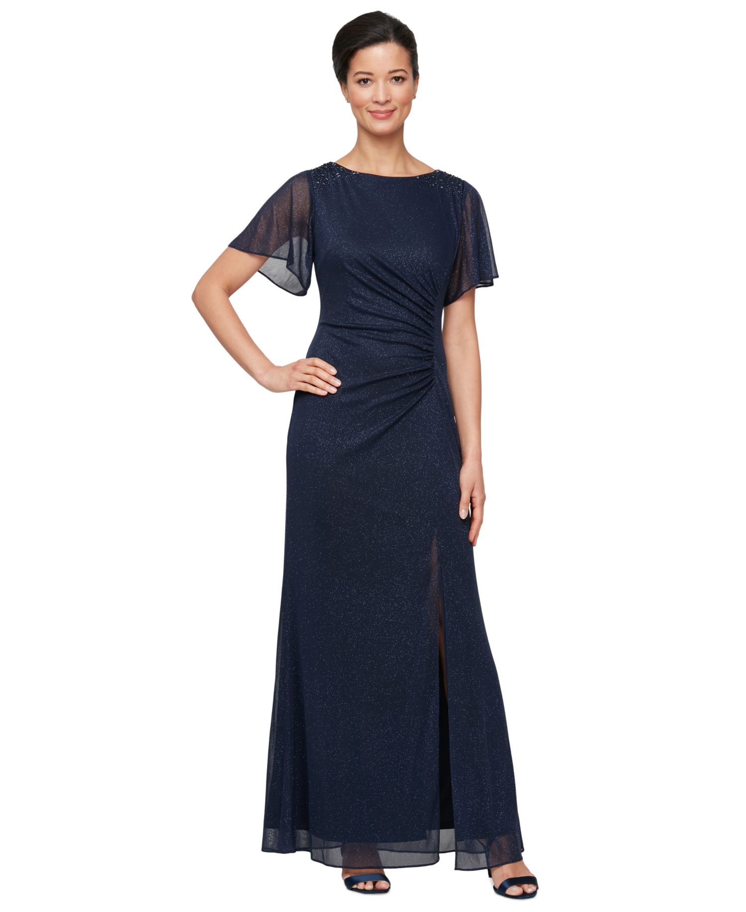 Petite Flutter-Sleeve Embellished Glitter Gown