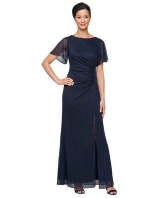 SL Fashions Petite Flutter-Sleeve Embellished Glitter Gown - Navy - Size 10p