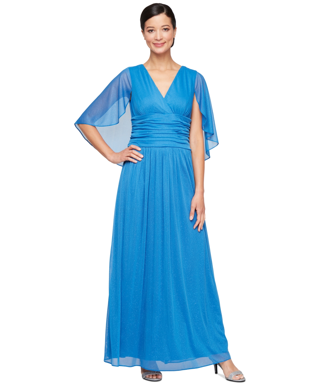 Petite Surplice Long Glitter Cape Dress - Mid Blue