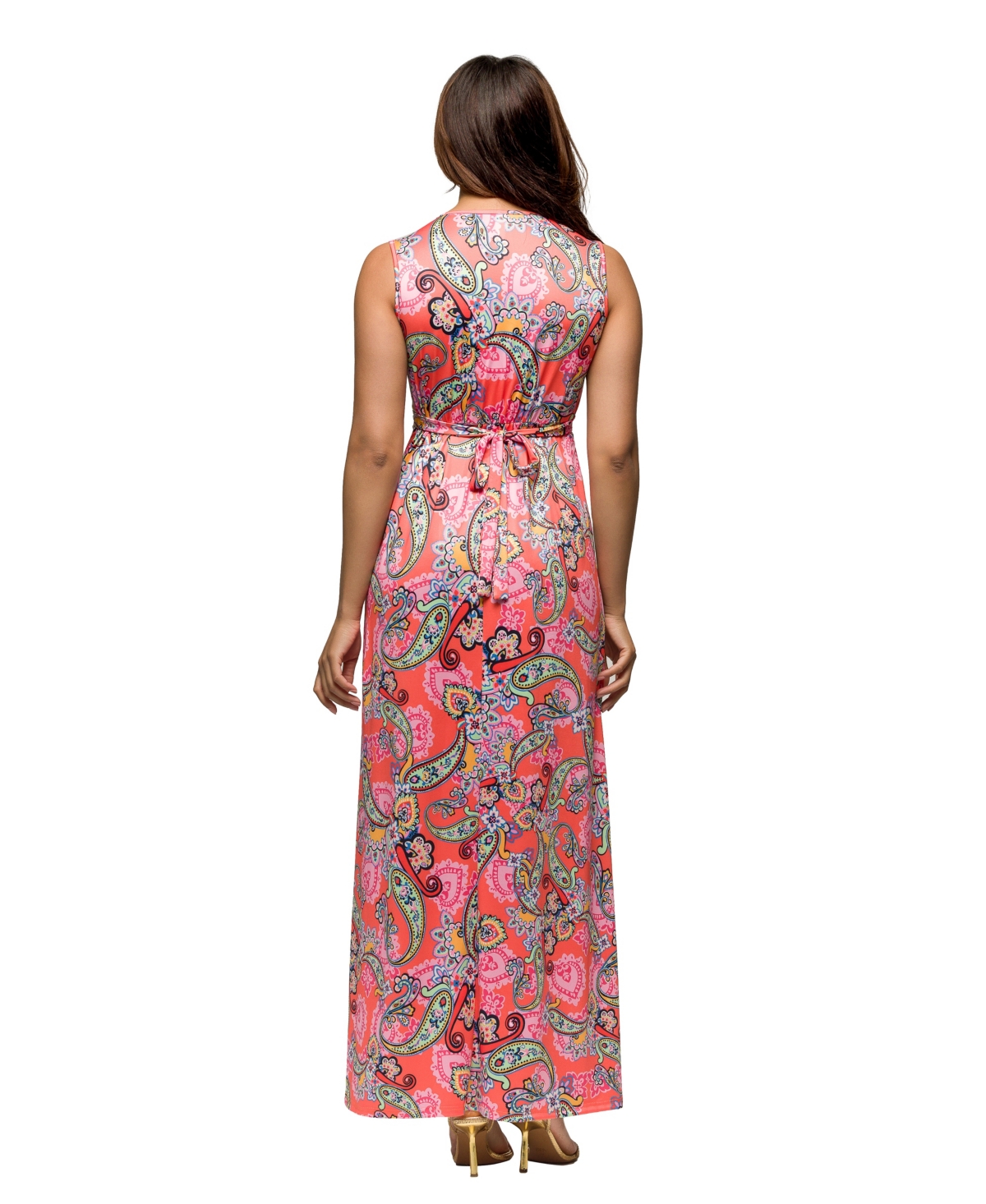24seven Comfort Apparel Maternity Pink Paisley Print V-neck Empire Waist Sleeveless Maxi Dress In Coral Mult
