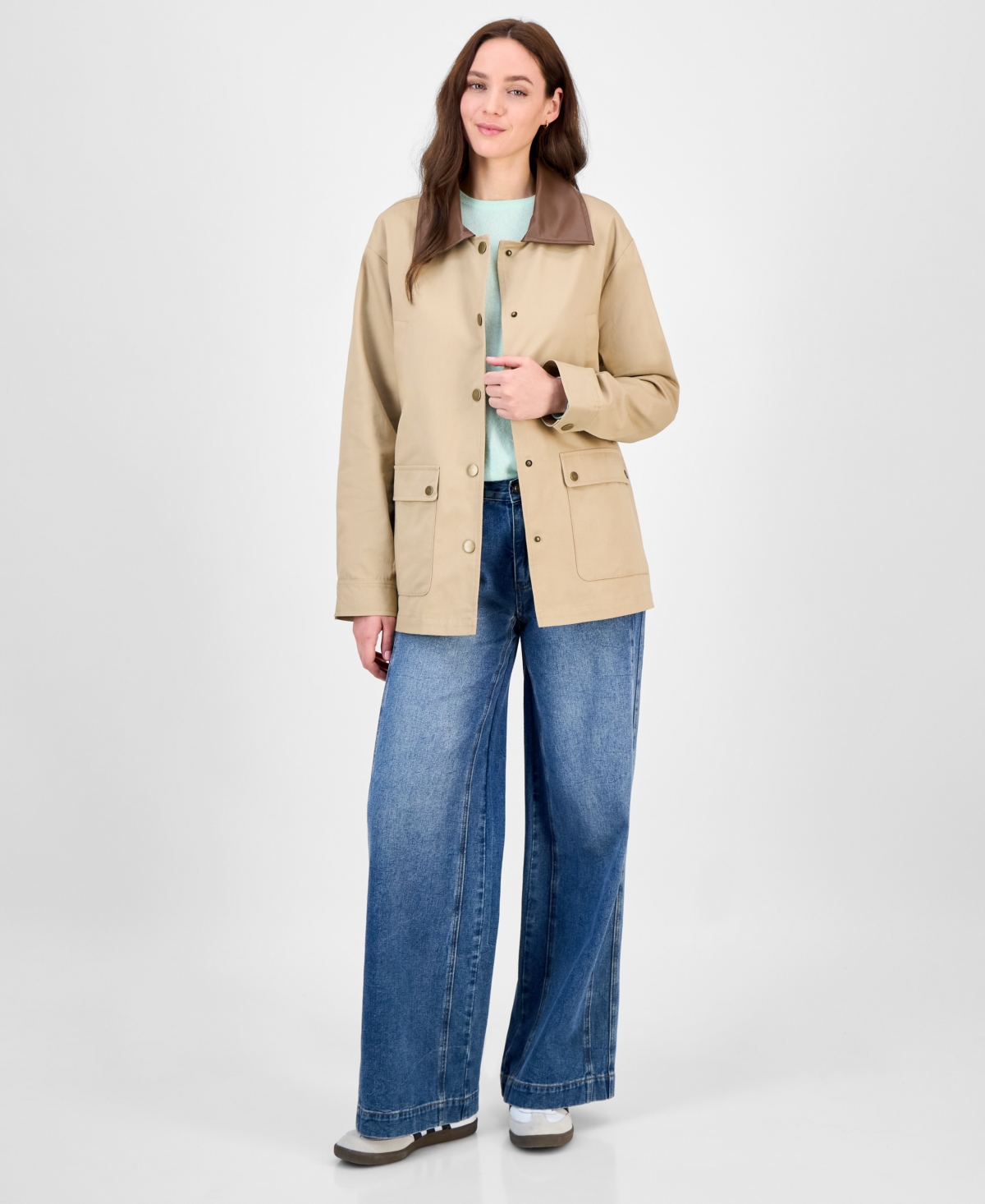 Maralyn & Me Juniors' Contrast-collar Snap-front Barn Jacket, Exclusively At Macy's In Brown