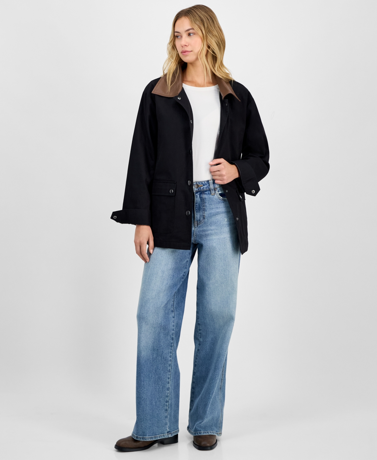 Maralyn & Me Juniors' Contrast-collar Snap-front Barn Jacket, Exclusively At Macy's In Black