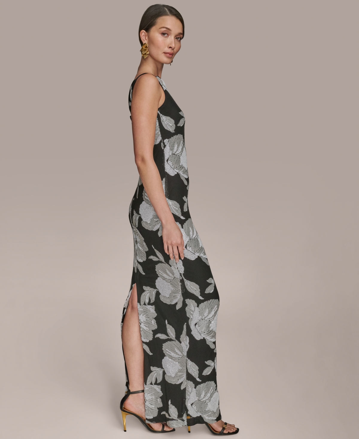Donna Karan New York Sequin Floral Sheath Gown In Black