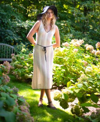 Women's Crochet Sleeveless Tassel-Tie Midi Dress