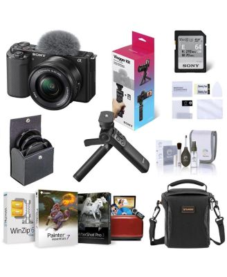 Sony ZV-E10 Mirrorless Camera with 16-50mm Lens, Bundle, Vlogger Accessory Kit, Shoulder Bag, Screen Protector, 40.5mm Filters, Software Kit for
