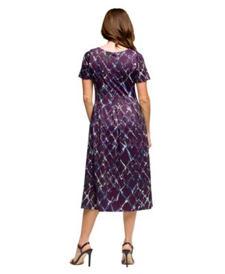 Women's Purple Print Short Sleeve Pleated Flare Midi Pocket Dress